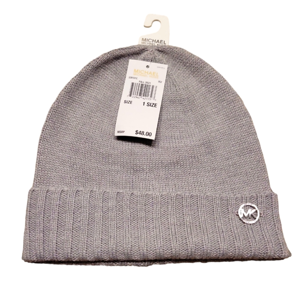 Micheal Kors, NWT, Winter Hat, Gray w/ silver symbol, 100% Acrylic, Warm, 1 Size